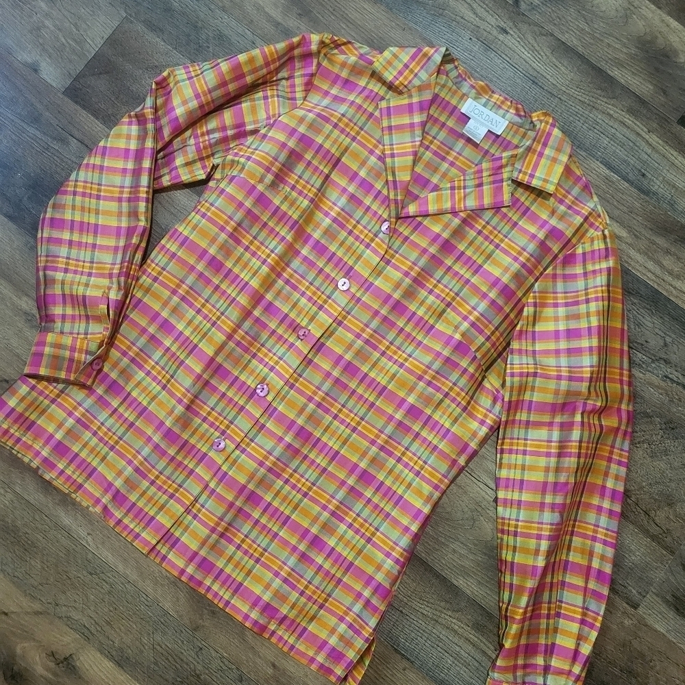 Vintage Women's Jordan 100% Silk Colorful Plaid Long Sleeve Button Down Blouse S - Picture 2 of 6